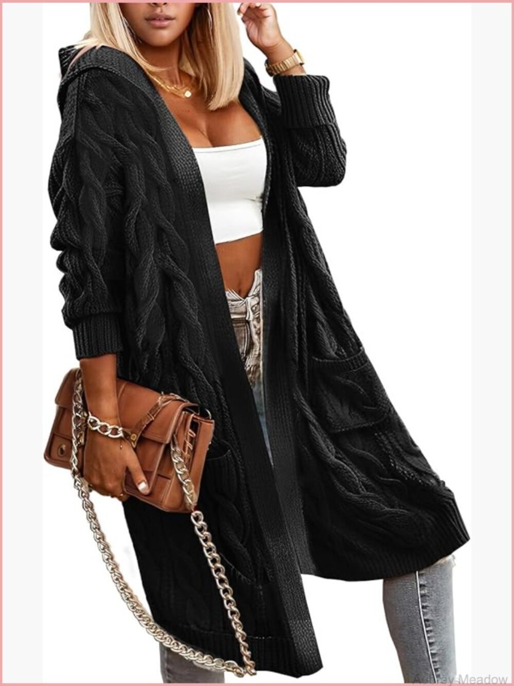 Oversized Cable Knit Hooded Cardigan Sweater with Pockets